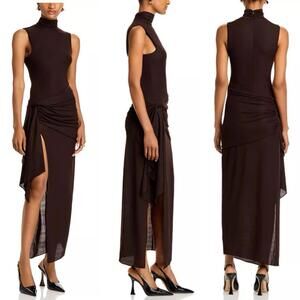 $498 Ronny Kobo Crystal Mesh Chocolate Brown Dress w/ Draping at Waist- LRG